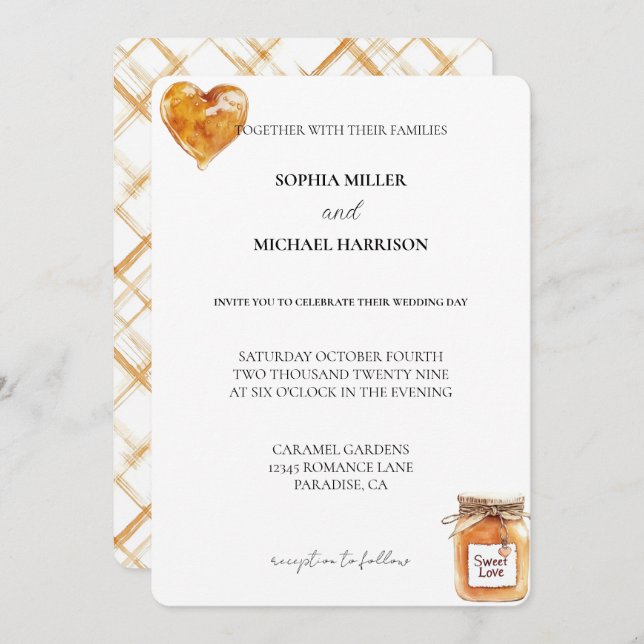 Invitation Caramel blanc or doux amour Mariage coeur (Devant / Derrière)