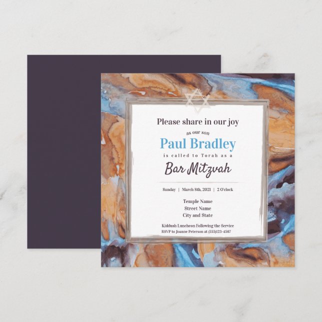 Invitation Caramel, Bleu, & Eggplant Bar Mitzvah (Devant / Derrière)