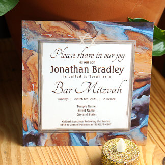Invitation Caramel et Blue Marble Bar Mitzvah
