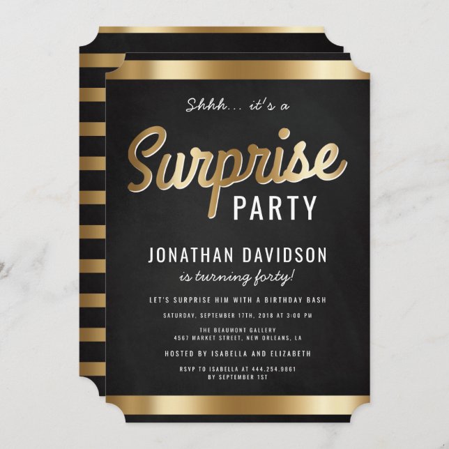 Invitation Caramel Gold et Black Surprise fête d'anniversaire (Devant / Derrière)
