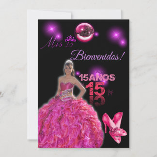 Invitation card of 15 black with fuxia bienvenidos