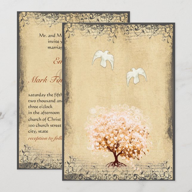 Invitation Cardiaque Feuille de corail Dove Inséparables Mari (Devant / Derrière)