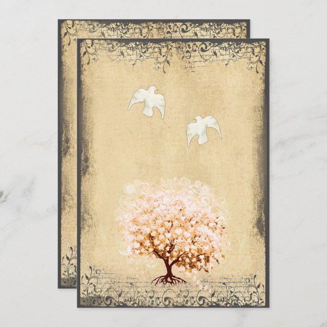 Invitation Cardiaque Feuille de corail Dove Inséparables Mari (Devant / Derrière)