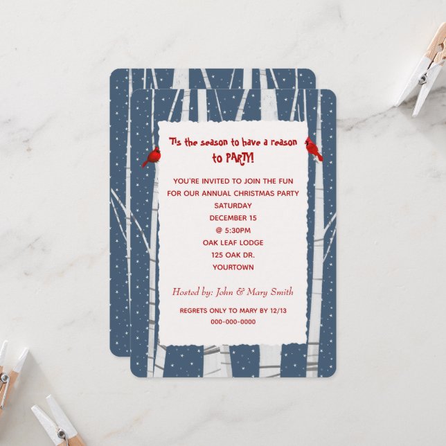 Invitation Cardinal de Noël de Birch Blanc et Snowflakes (Devant/Arrière en situation)