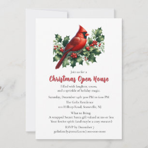 Invitation Cardinal rouge avec Noël au houx Maison ouverte