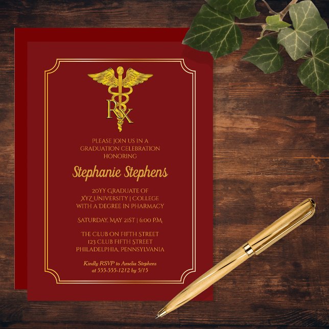 Invitation Cardinal Rouge | Gold Rx Pharmacy Graduation Party (Cardinal Red and Gold Tone Rx Pharmacy Graduation Party Invitation)