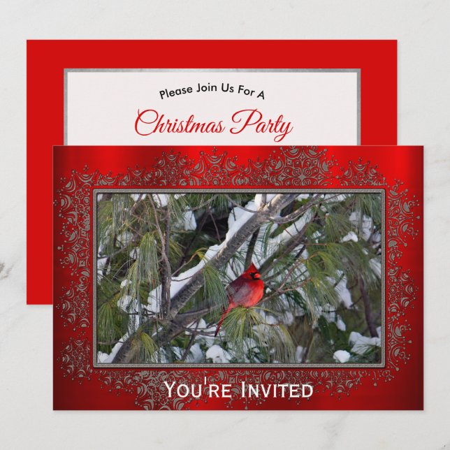 Invitation Cardinal Snow Pine Tree Photo Noël (Devant / Derrière)