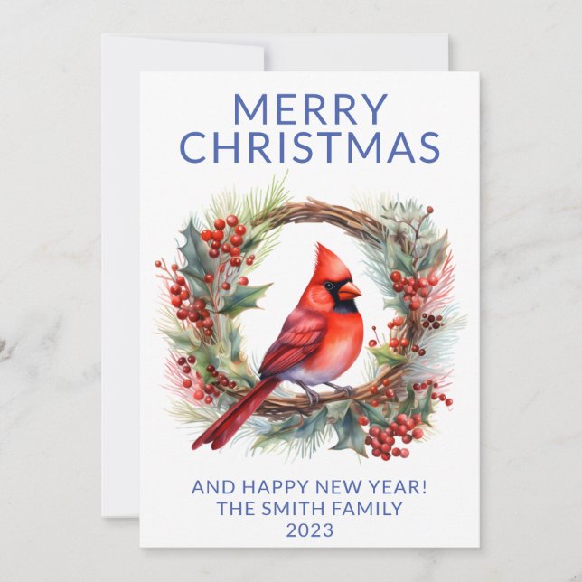 Invitation Cardinal Wreath Blue Holiday Card (Devant)