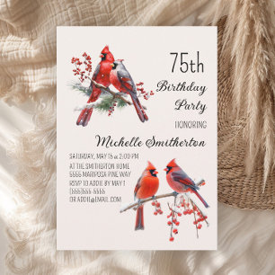Invitation Cardinaux Neige Hiver Oiseaux Baies 75e Anniversai