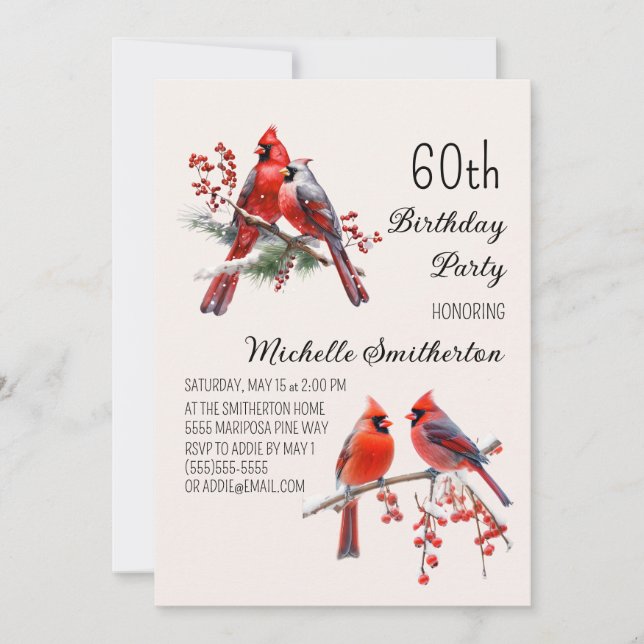Invitation Cardinaux Neige Oiseaux d'hiver 60e anniversaire (Devant)