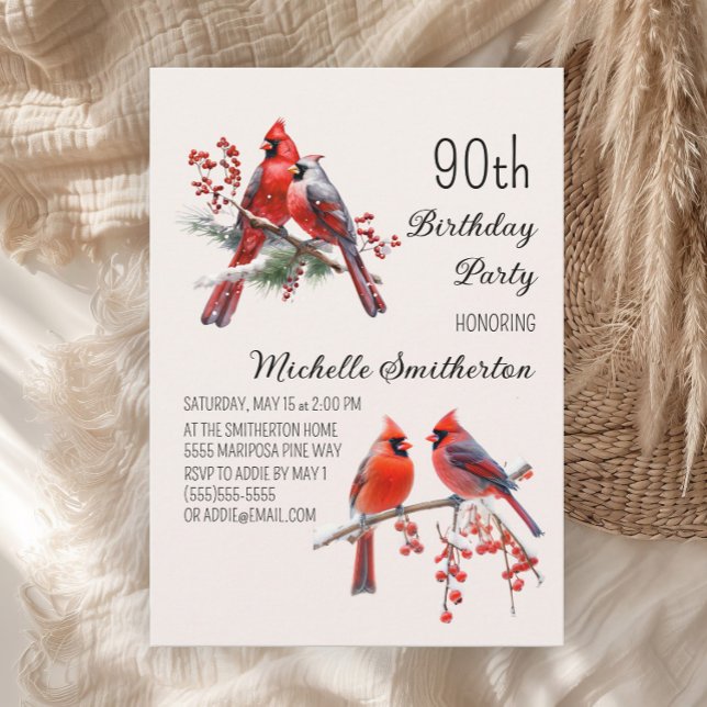 Invitation Cardinaux Oiseaux d'hiver de neige 90e anniversair (Red cardinals women's 90th birthday party invitation)