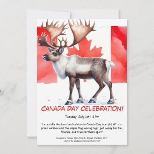 Invitation Caribou majestueux et drapeau canadien Fête du C
