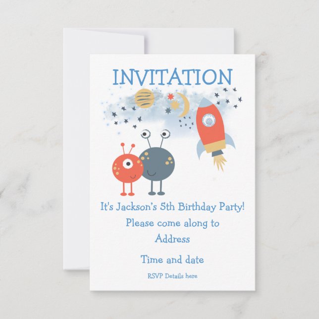 Invitation Caricature Aliens et vaisseau spatial Anniversaire (Devant)