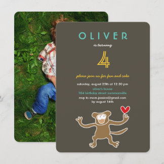 Invitation Caricature Brown Monkey Fun Photo Enfant's Birthda