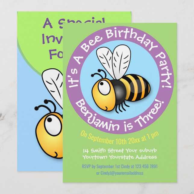Invitation Caricature d'abeille joyeux 3 ans (Devant / Derrière)
