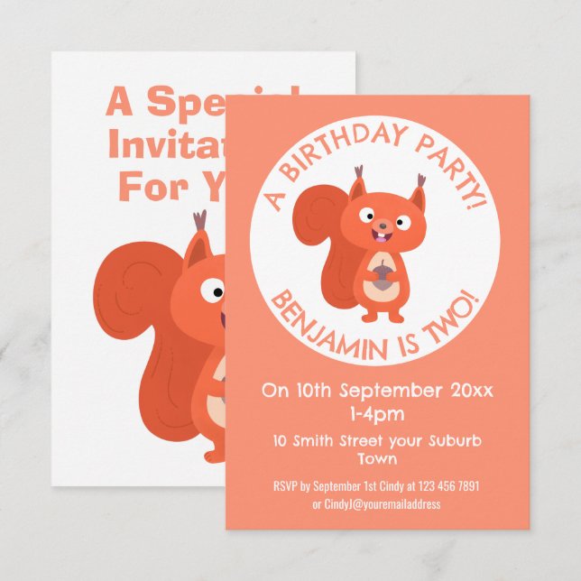 Invitation Caricature d'anniversaire d'écureuil rouge mignon (Devant / Derrière)