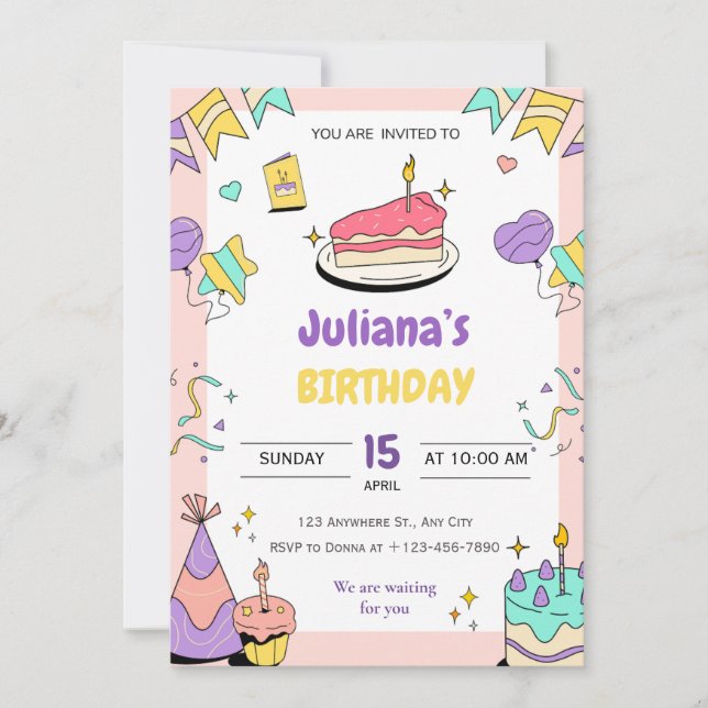 Invitation Caricature d'anniversaire violet rose jaune illust (Devant)