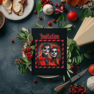 Invitation Caricature de couple Dia de los Muertos rouge et n