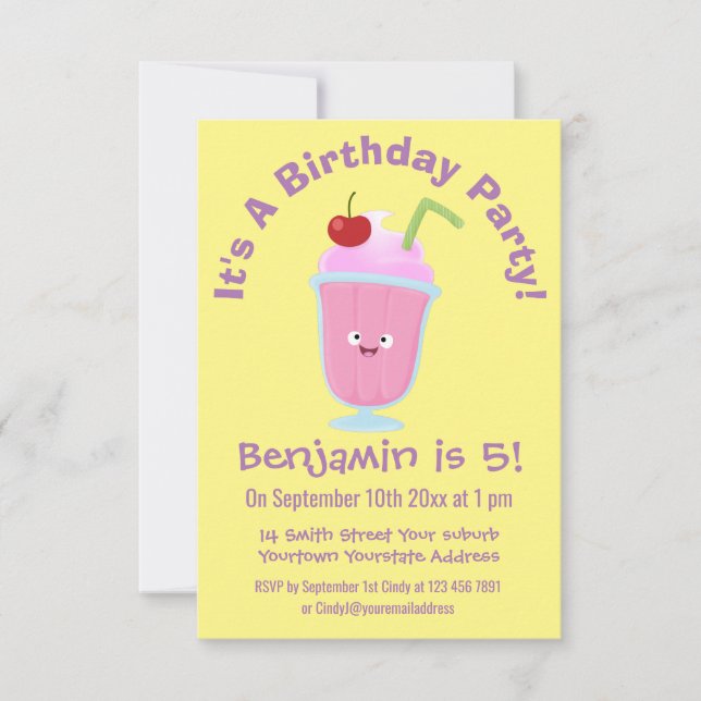 Invitation Caricature de crème glacée de fraise mignonne (Devant)