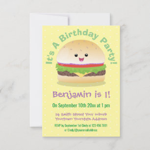 Invitation Caricature de hamburger kawaii joyeux