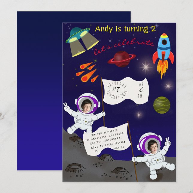 Invitation Caricature de l'astronaute spatiale d'anniversaire (Devant / Derrière)