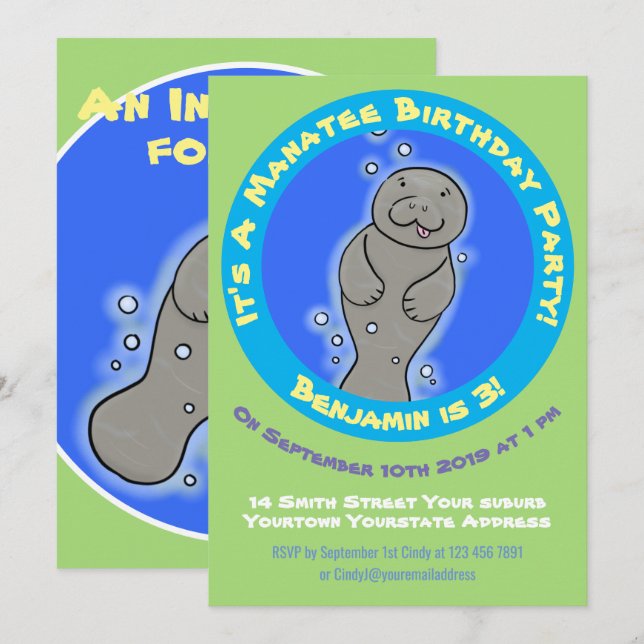 Invitation Caricature de manatee mignonne (Devant / Derrière)