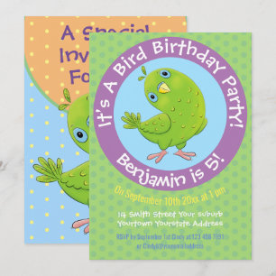 Invitation Caricature de perruche verte mignonne 5 ans i