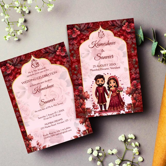 Invitation Caricature du couple de mariés mariages indiens ma (Indian wedding Maroon floral cute Indian bridal couple cartoon Invitation template instant download)