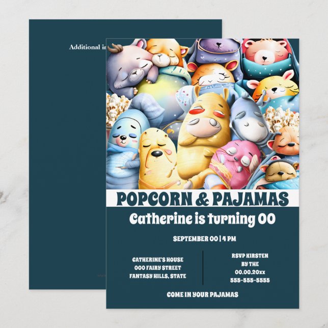 Invitation Caricature du pop-corn pyjamas animaux dormant cou (Devant / Derrière)