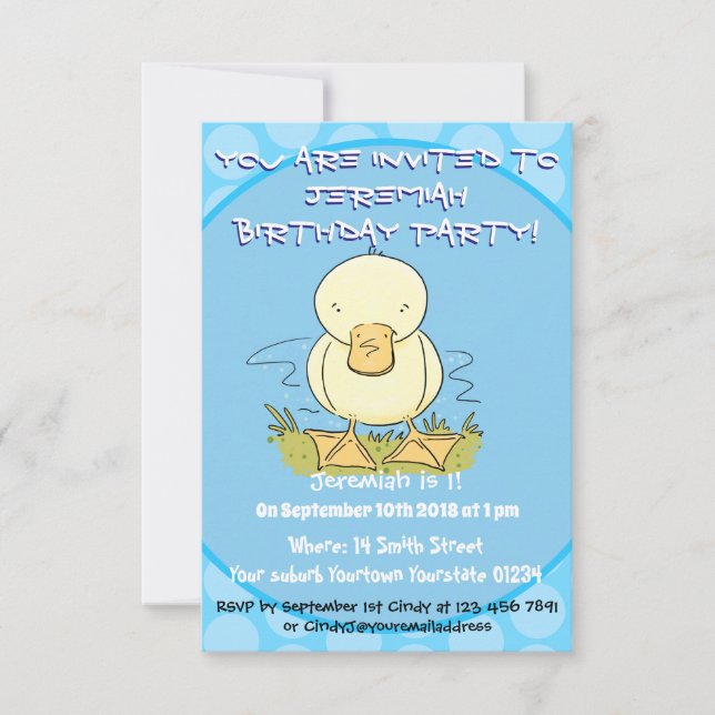 Invitation Caricature jaune mignon pour canard bébé (Devant)