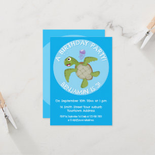 Invitation Caricature joyeuse de tortue de mer verte mignonne