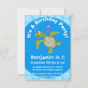 Invitation Caricature joyeuse de tortue de mer verte mignonne