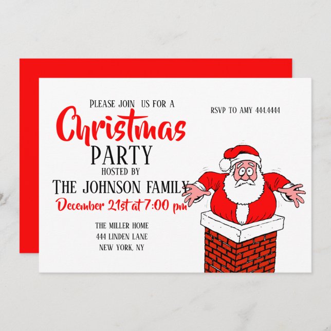 Invitation Caricature Le Père Noël est coincé dans la cheminé (Devant / Derrière)