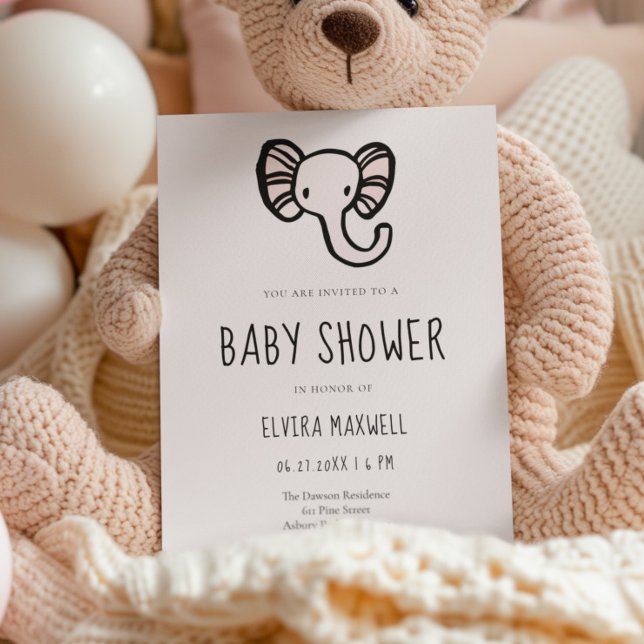 Invitation Caricature mignonne Baby shower d'éléphant rose In (Créateur téléchargé)