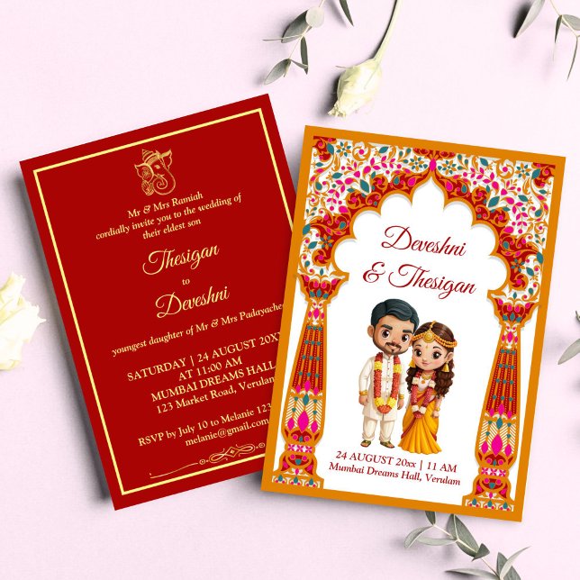 Invitation Caricature mignonne du mariage tamoul du sud de l' (Tamil South Indian wedding cute caricature traditional bridal couple Invitation template download)