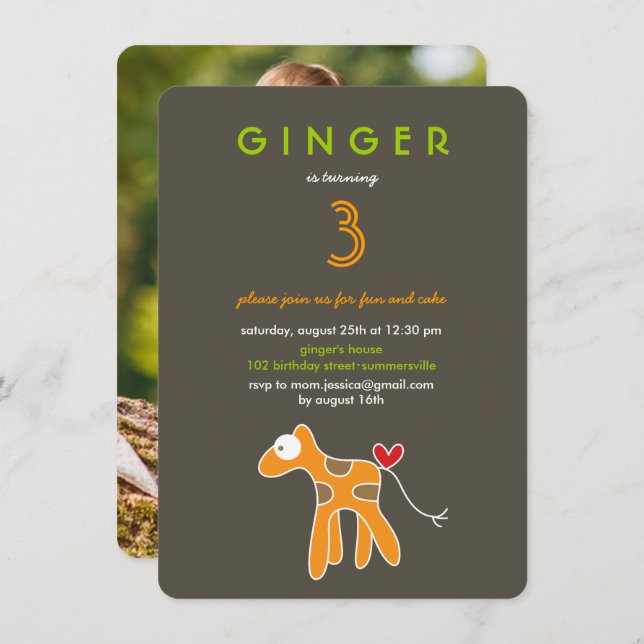 Invitation Caricature mignonne Giraffe Orange Photo d'anniver (Devant / Derrière)