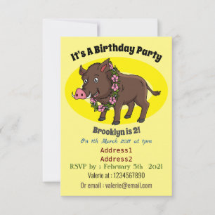 Invitation Caricature mignonne sanglier et fleurs