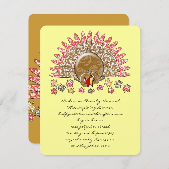 Invitation Caricature mignonne Thanksgiving Turquie (Devant / Derrière)