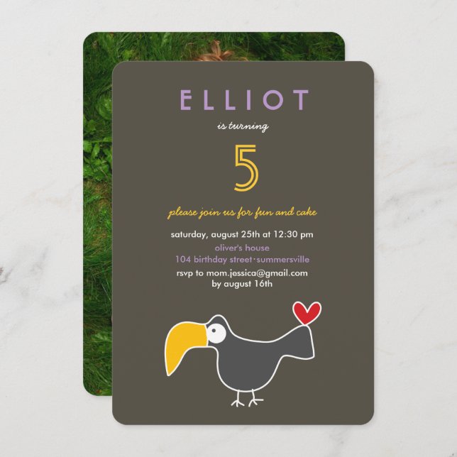 Invitation Caricature mignonne Toucan Photo Fête d'anniversai (Devant / Derrière)