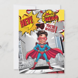 Invitation Caricature Personnalisée de Superhero Jaune et Rou