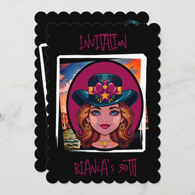 Invitation Caricature personnalisée femme avec casquette 30e  (Devant / Derrière)