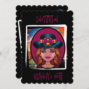 Invitation Caricature personnalisée femme avec casquette 30e 