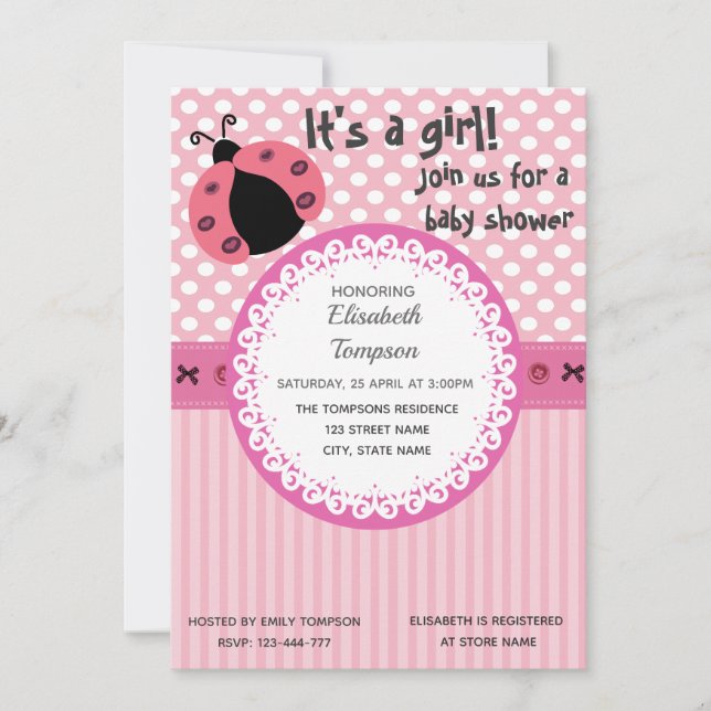 Invitation Caricature rose mignon baby shower ladybug (Devant)