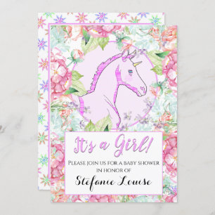 Invitation Caricature Unicorne Pink Circle C'est une fille !