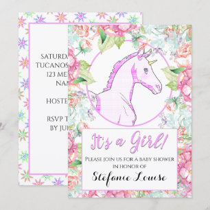Invitation Caricature Unicorne Pink Tarta C'est une fille !