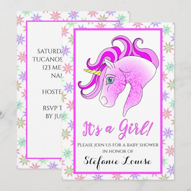 Invitation Caricature Unicorne violet Dapple C'est une fille! (Devant / Derrière)