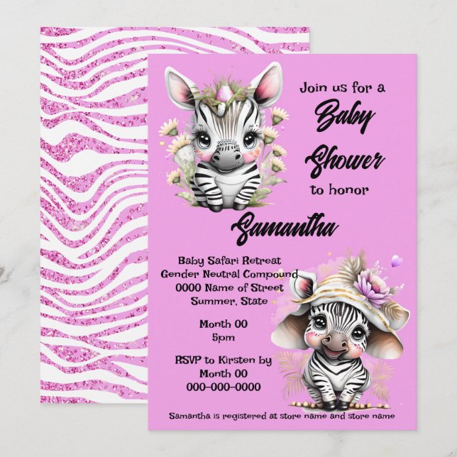 Invitation Caricature Zebra mignon safari jungle filles parti (Devant / Derrière)