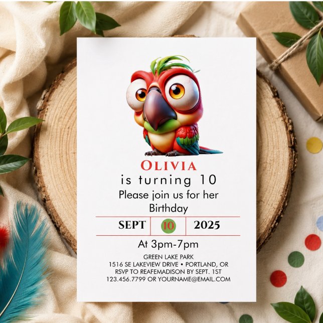 Invitation Caricatures de perroquet magiques pour 1er anniver (Magical Parrot Caricatures 1st Birthday Invitation)