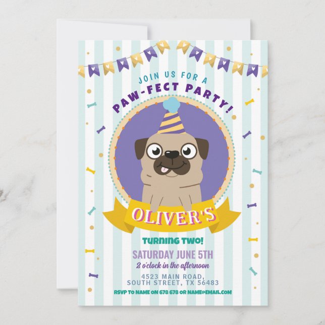 Invitation Carlin Anniversaire Doggy Party Chien Confetti Ble (Devant)