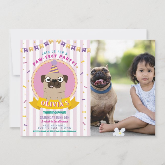 Invitation Carlin Anniversaire Doggy Party Chien Confetti Pho (Devant)
